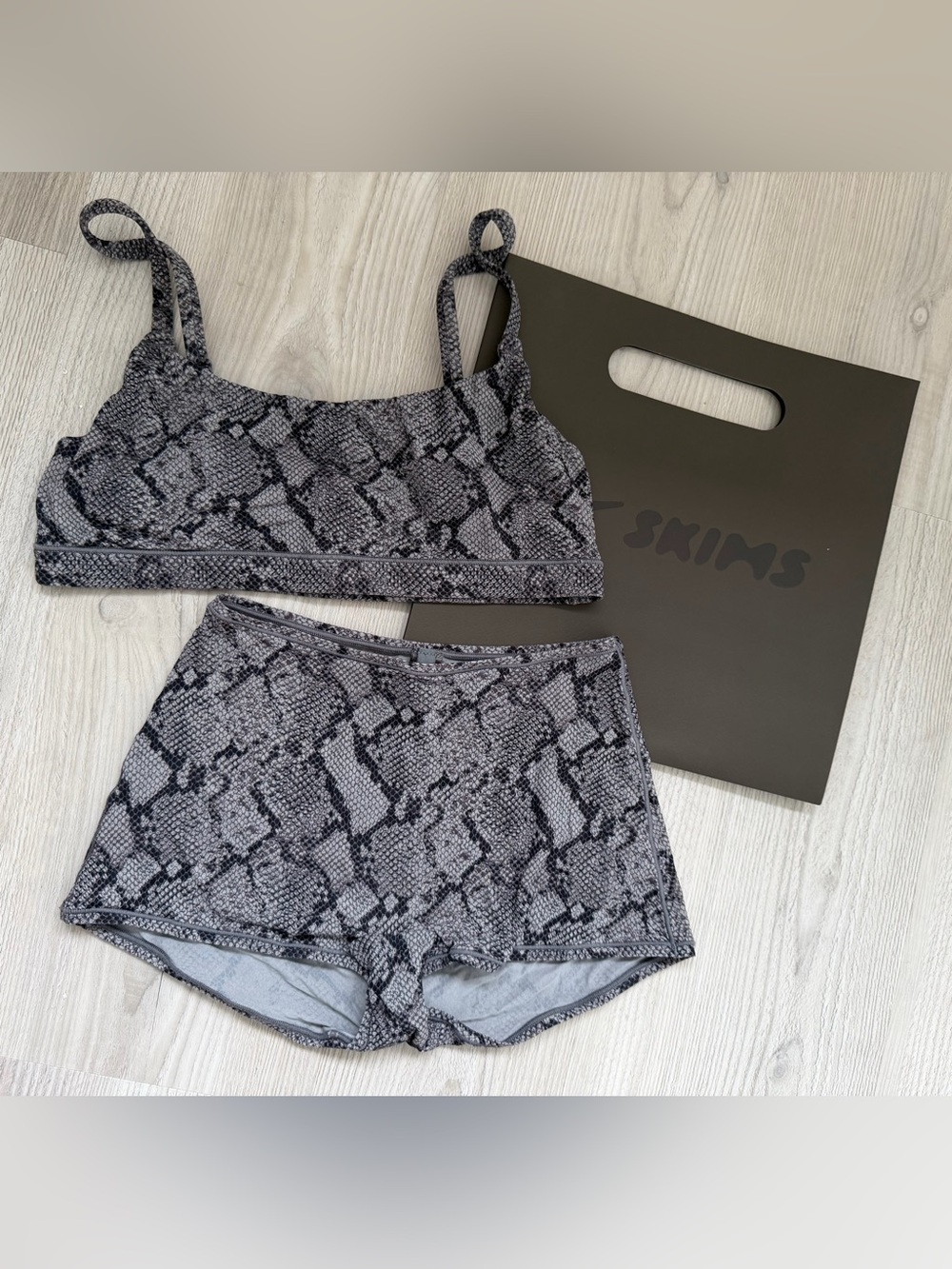 SKIMS Gray Snake-Print Bralette and High-Waist Shorts